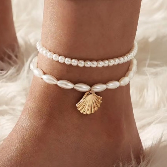 🎁4 for $50🎁 2 piece set pearl stretch shell anklet foot chain jewelry - Picture 1 of 4